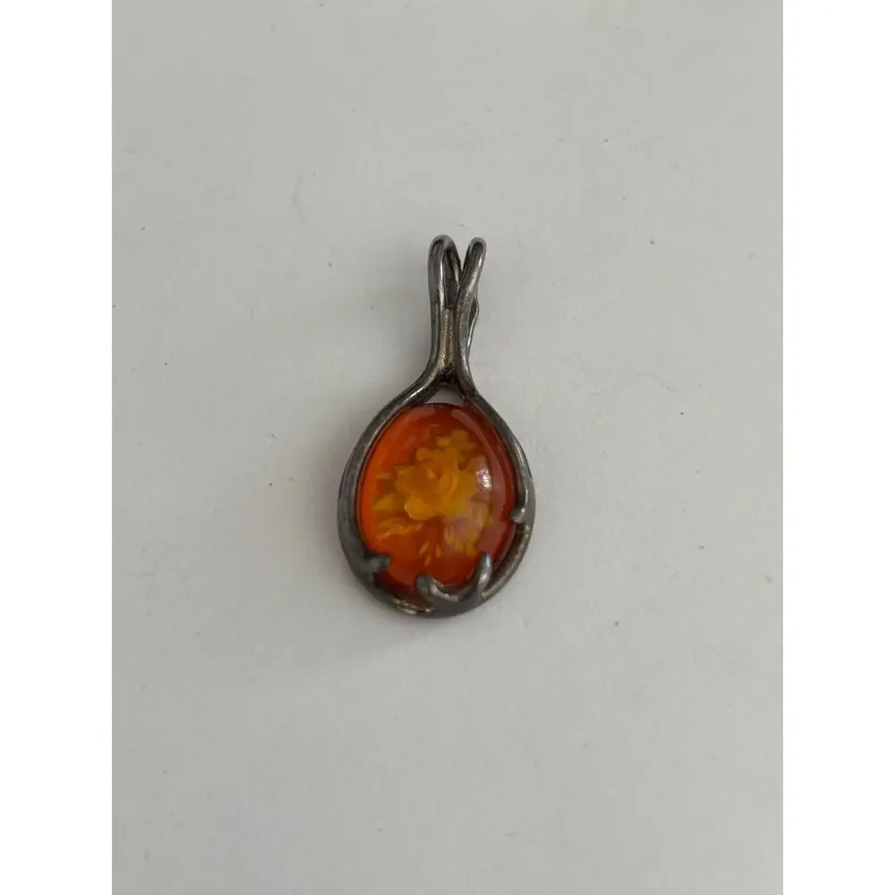 Vintage Sterling Silver Reverse Carved Amber Pendant Rose Whimsical
